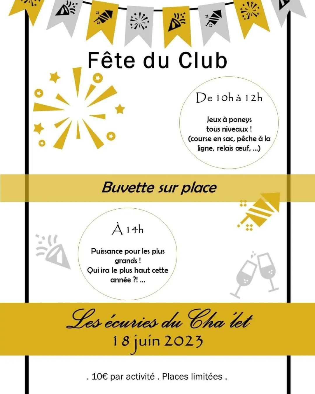 Hello ! 🦄

TOUT D'ABORD : Fête du club le dimanche 18 juin 2023 ! Venez vous inscrire au bureau...
On vous attend nombreux pour nous soutenir ! 🥳

ET ENFIIIIN : Le programme des stages de cet été est sorti ! 🌞
Les inscriptions pour l'année prochaine ont elles aussi commencées ! 🐎
Direction le bureau ! 📝

Merci à tous ! Au plaisir ! 🥰