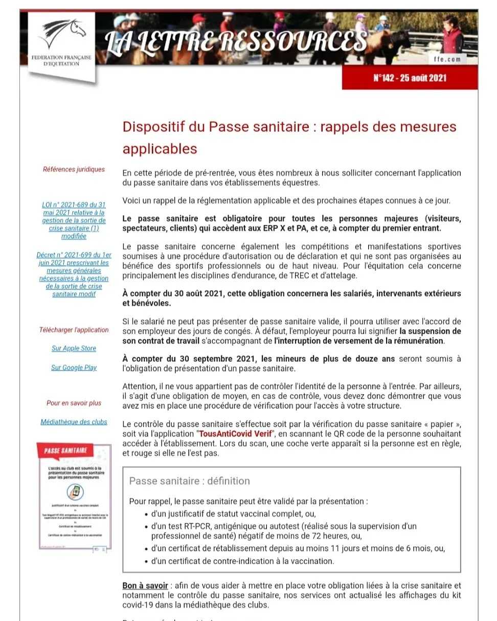 Bonjour à tous,
🐎 Les écuries ferment leurs portes et tous les poneys vont en congé ! 🌞
Reprise des cours la semaine du 6 septembre. 🦄

😷 N'oubliez pas le pass sanitaire pour tous les majeurs à partir de fin août et tous les mineurs de plus de 12 ans à partir de fin septembre ! 💉

🤩 Merci à tous et à bientôt ! 🤗